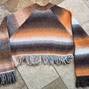 ZARA Boho Cropped Fringe Striped Pull Over Knit Sweater Brown Orange Size Small